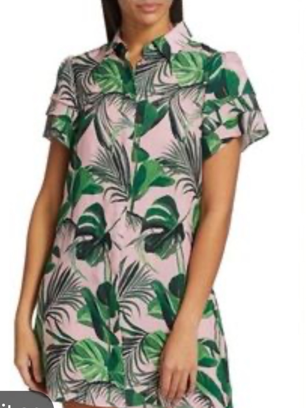 Alice + Olivia Pink Midi Shirt Dress with Green Tropical Leaf Print